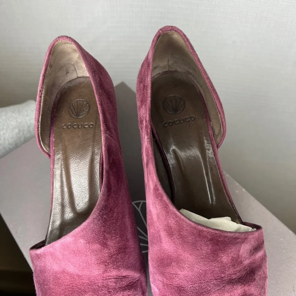 COCLICO Women's Burgundy Suede‎ D'Orsay Pointed Toe Block Heel Shoes Size 36